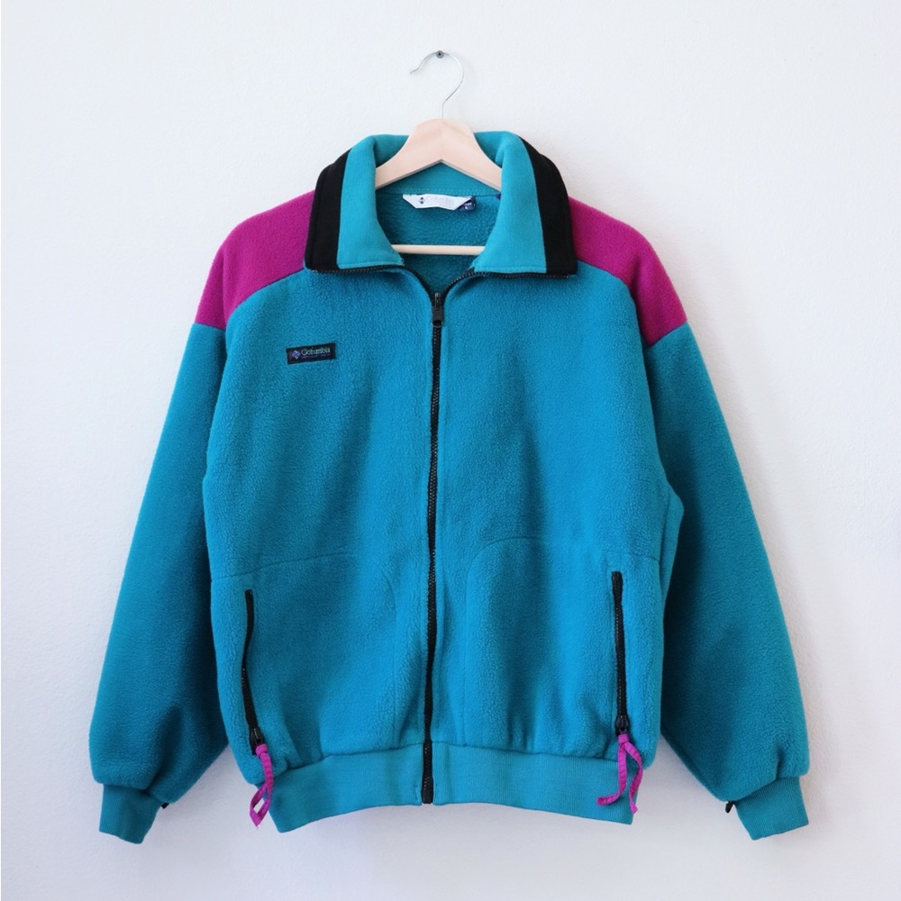 Vintage Y2K Columbia Teal Pink Fuchsia Color Block Fleece Jacket Zip Pockets